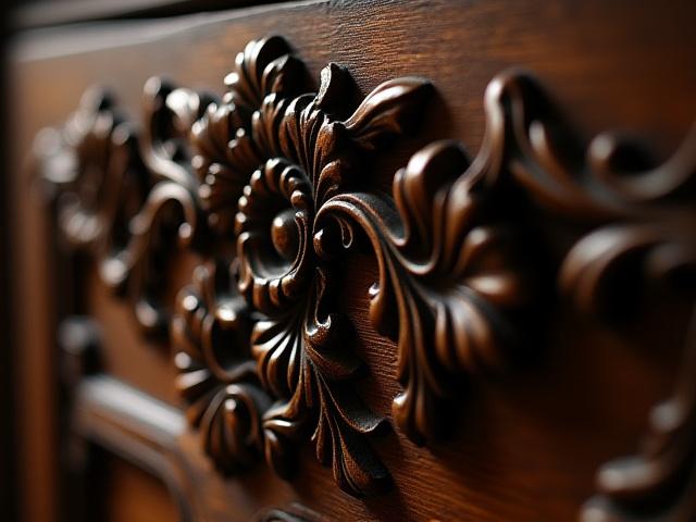 Close-up di intaglio floreale barocco su mobile in legno massello