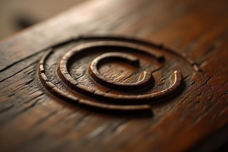 Simbolo di copyright su un'antica texture di legno intagliato, che evoca la proprietà intellettuale.